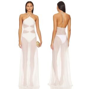 Shani Shemer Heleny Sheer Maxi Dress Halter Neck Coverup Resort Beach Cream Sz M